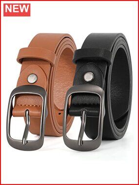 2 Pack Plus Size Genuine Leather Belts with Solid Pin Buckle